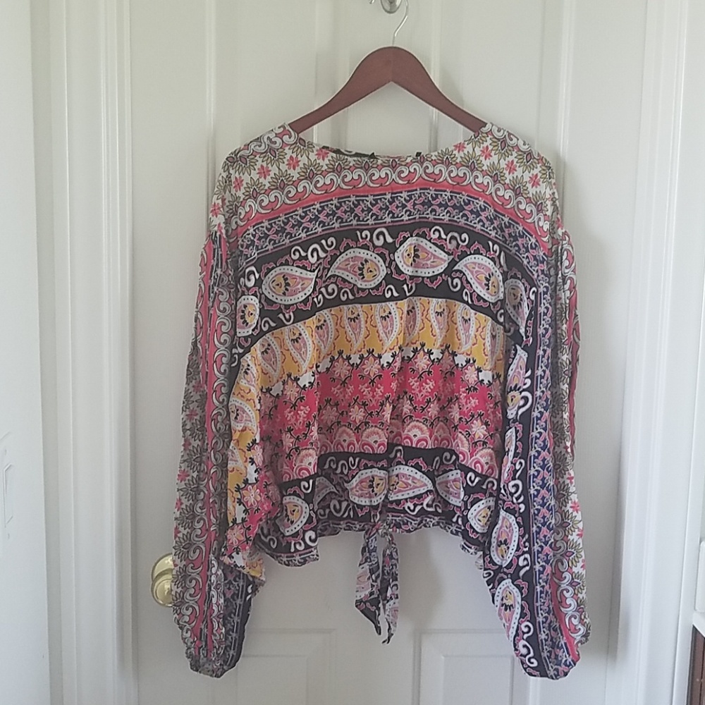 Free People cropped tie hem puff sleeve boho top